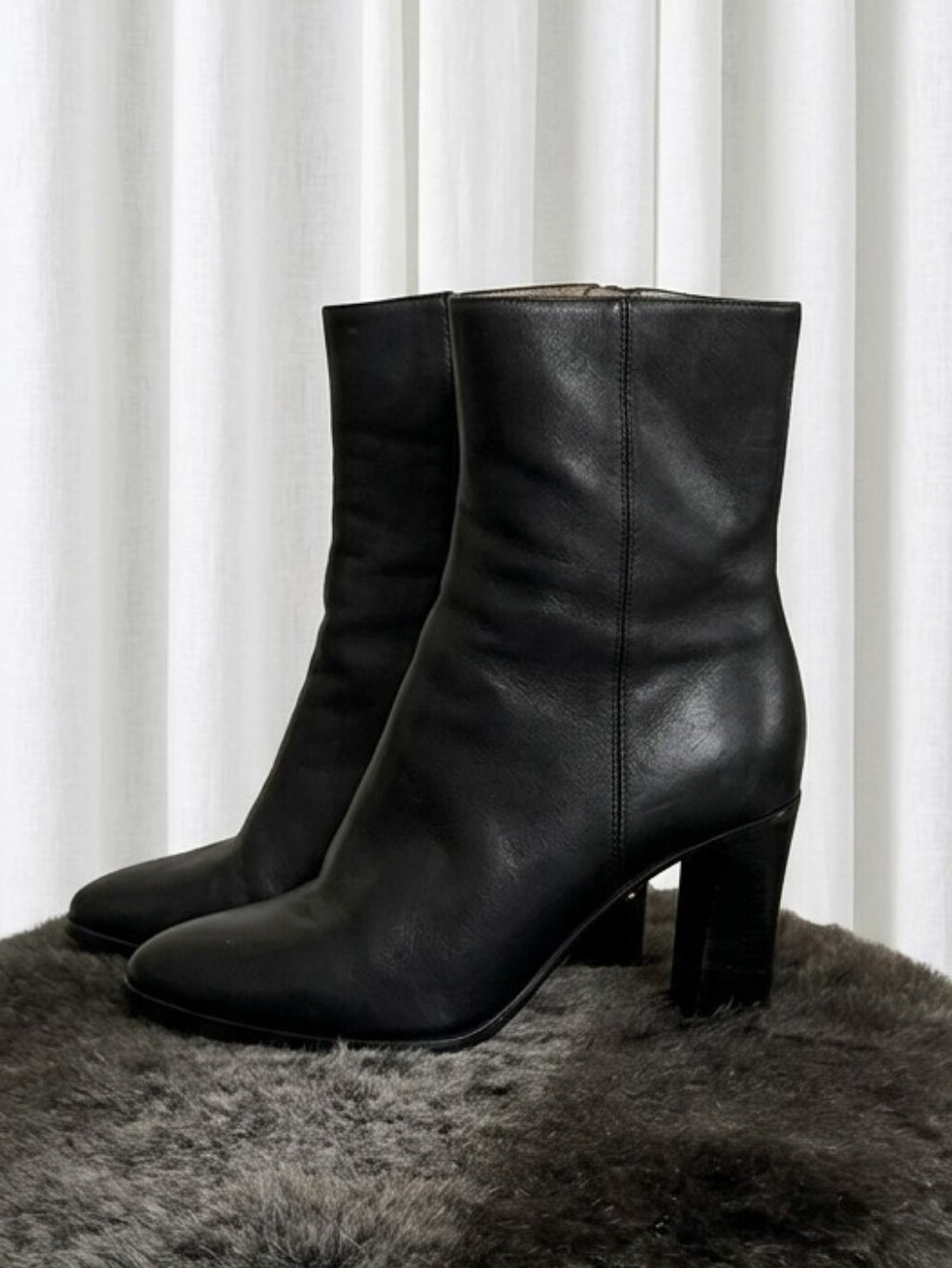 Maje Black Leather Mid-Calf Block-Heel Boots